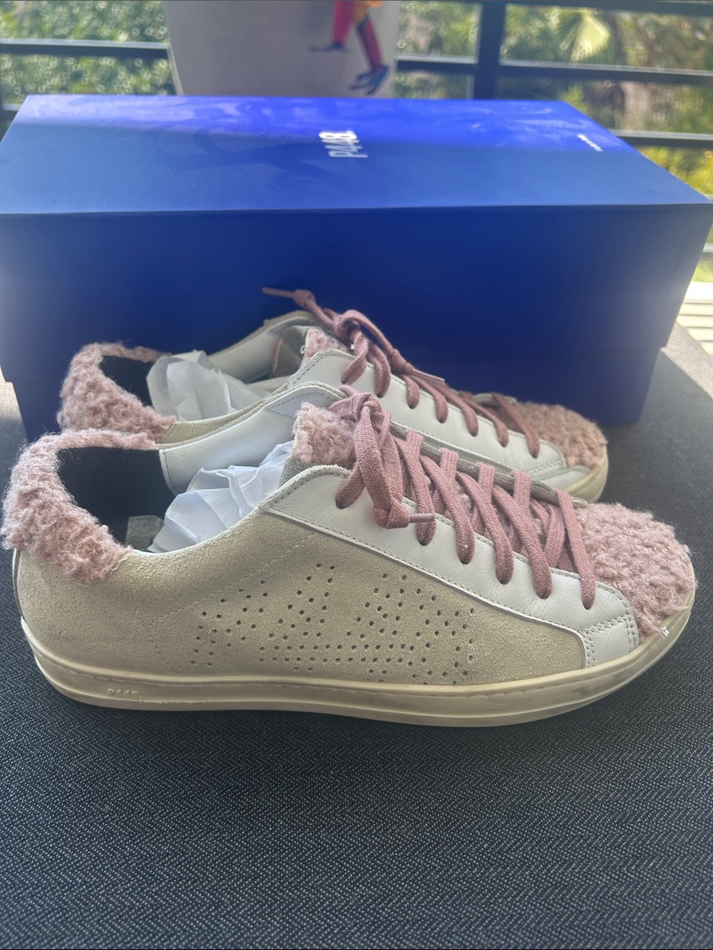 P448 Women's Suede Low-Top Sneaker in Beige with Pink Accents